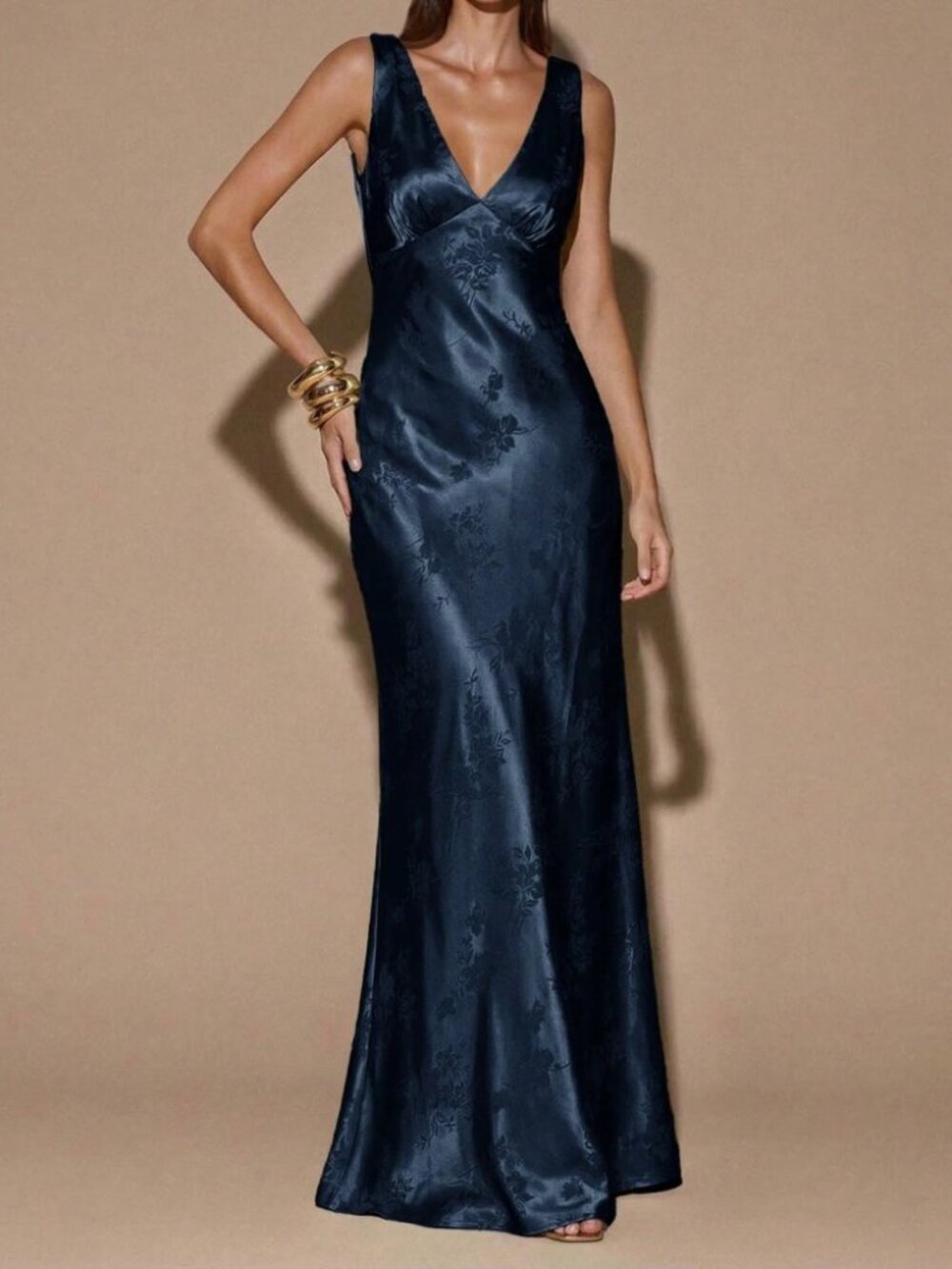 Navy Satin Floral Jacquard V-Neck Maxi Dress